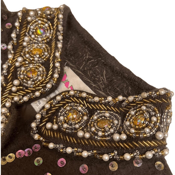 Vintage Vango Cardigan S Brown‎ Angora Beaded Embellished Mock Neck 70s Coquette - Picture 8 of 13